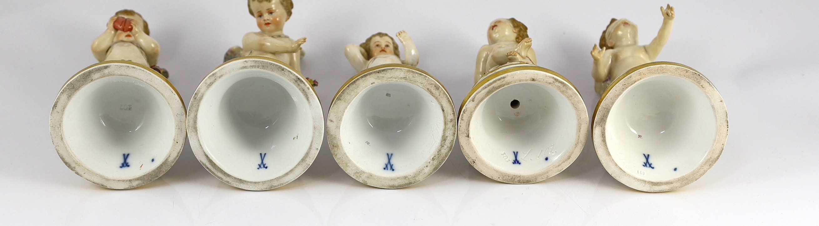 A series of five Meissen porcelain figures of Cupid, late 19th century, modelled by Heinrich Schwabe, 15.5cm - 20cm high, perplexed Cupid restored, Provenance - purchased from Winifred Williams, Eastbourne/London before